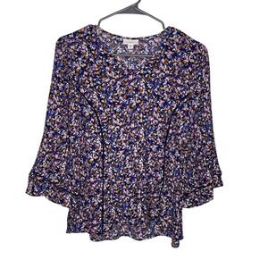J Jill Womens M Petite Floral Peasant Blouse 3/4 Bell Sleeve Rayon Blue Pink